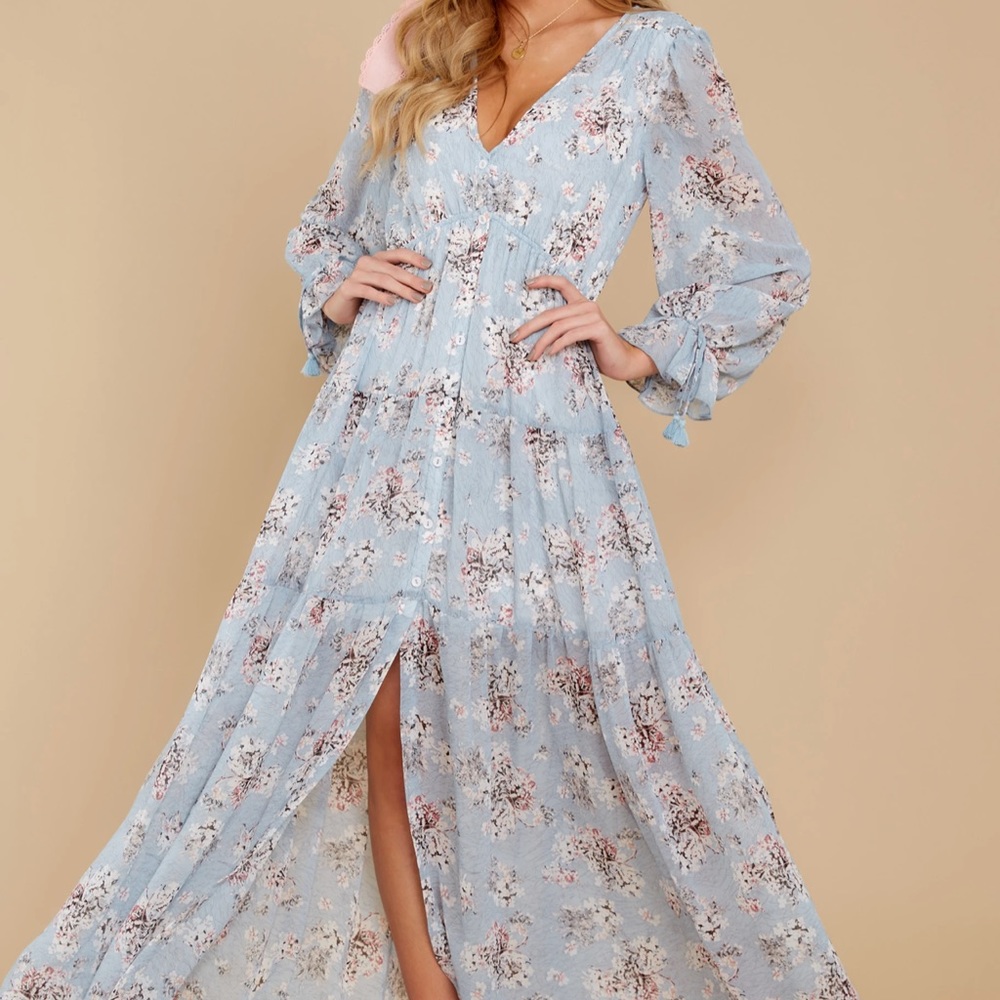Love In Bloom Light Blue Floral Print Maxi Dress